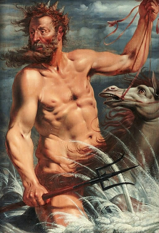 Neptune (Poseidon) rising from the waves gripping his trident beside a sea-horse, oil on panel by Werner van den Valckert, 1619.