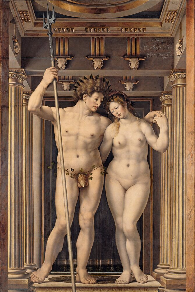 Neptune (Poseidon) holding a tall trident and standing with Amphitrite in a temple, oil on panel by Jan Gossaert, 1516.