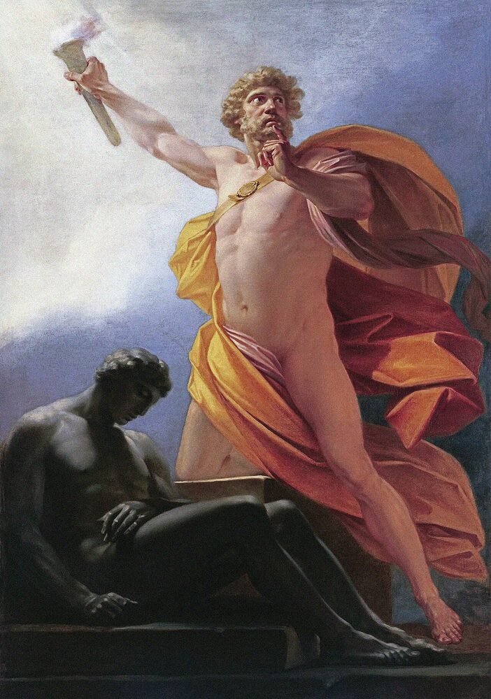 Prometheus raising a flaming torch to bring fire to humankind, oil on canvas by Heinrich Füger, 1817.