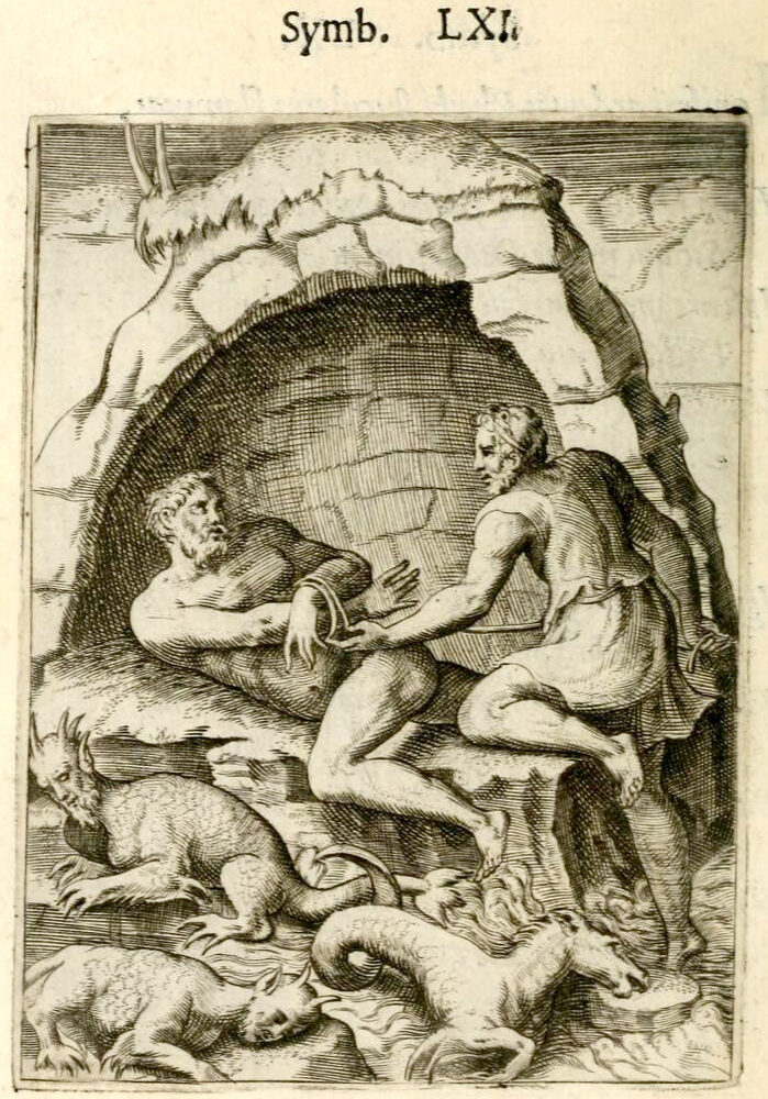 The shape-shifting sea-god Proteus seized and questioned, surrounded by the animals he transforms into, engraving of 1574.