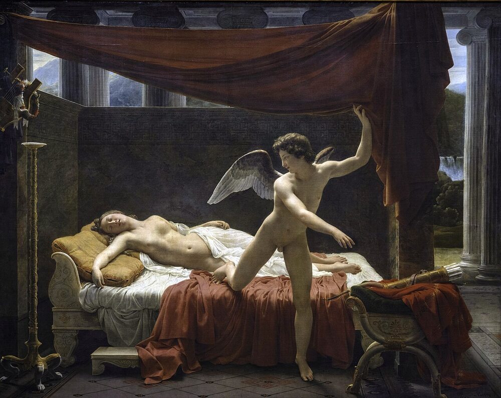 The winged Cupid slipping away at dawn from the sleeping Psyche, oil on canvas by François-Édouard Picot, 1817.