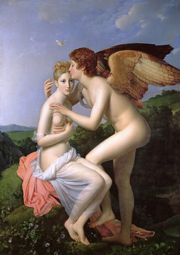 Psyche receiving Cupid's first kiss, a butterfly (her soul) overhead, oil on canvas by François Gérard, 1798.