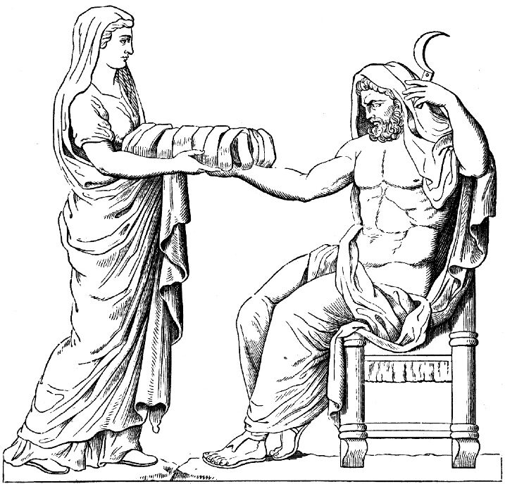 Rhea handing the swaddled stone to the enthroned, sickle-holding Cronus in place of the infant Zeus, drawing after a Roman altar relief.