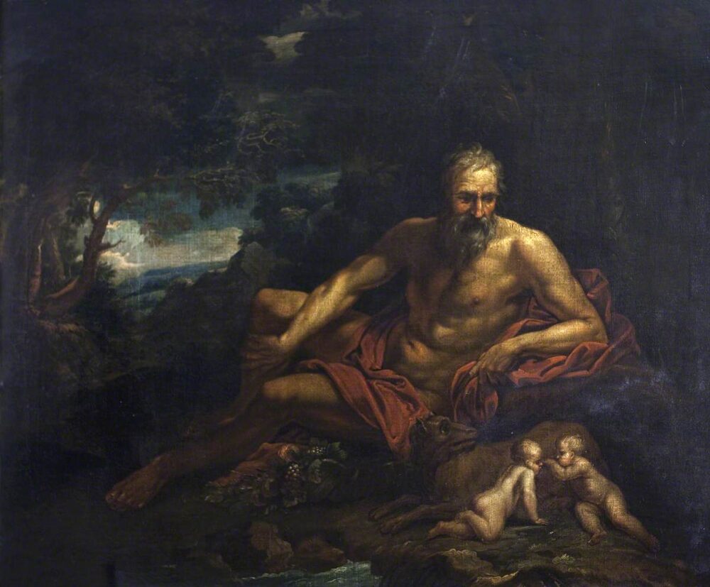 A reclining bearded river-god (Tiber) personified as an old man, with the she-wolf suckling Romulus and Remus, oil, 17th century.