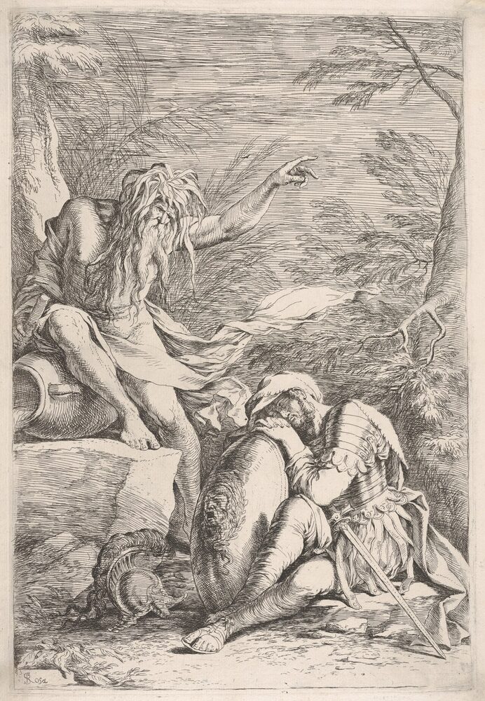 The river-god Tiber, reclining and leaning on his outpouring urn, appearing to the sleeping Aeneas, etching by Salvator Rosa, ca. 1663.