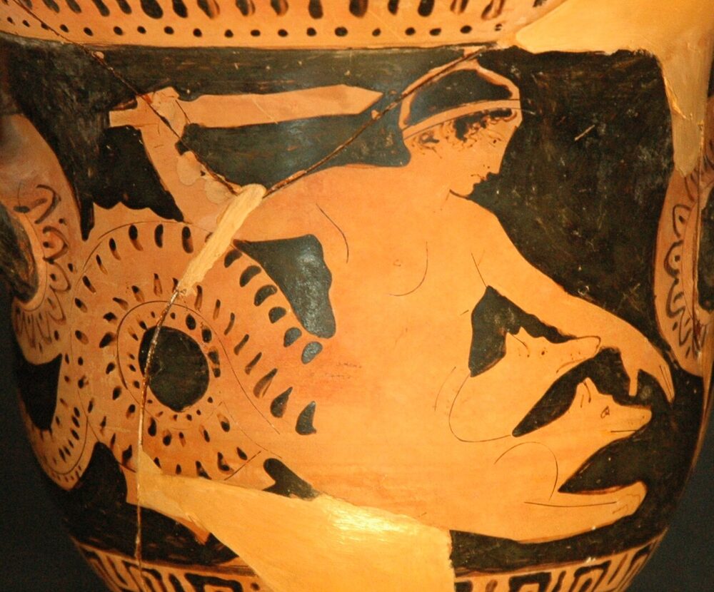 Scylla shown as a sea-monster — a woman's upper body merging into canine foreparts and a coiling fish-tail, ancient Greek vase (Louvre CA 1341).