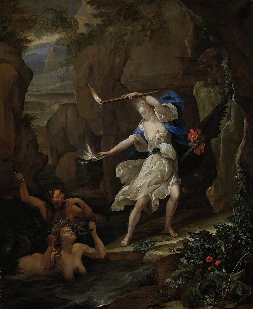 Scylla recoiling as Circe's poison transforms her, the monstrous dog-ringed form emerging in the water below, oil by Eglon van der Neer, 1695.