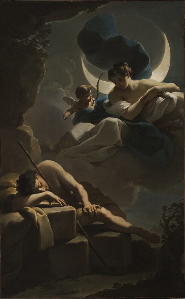 Selene, crowned by the crescent moon, descends to the sleeping shepherd Endymion; oil painting by Ubaldo Gandolfi, ca. 1770.
