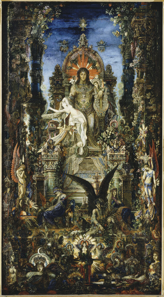 Semele seated in the lap of the enthroned, radiant Jupiter; oil painting by Gustave Moreau, 1895.