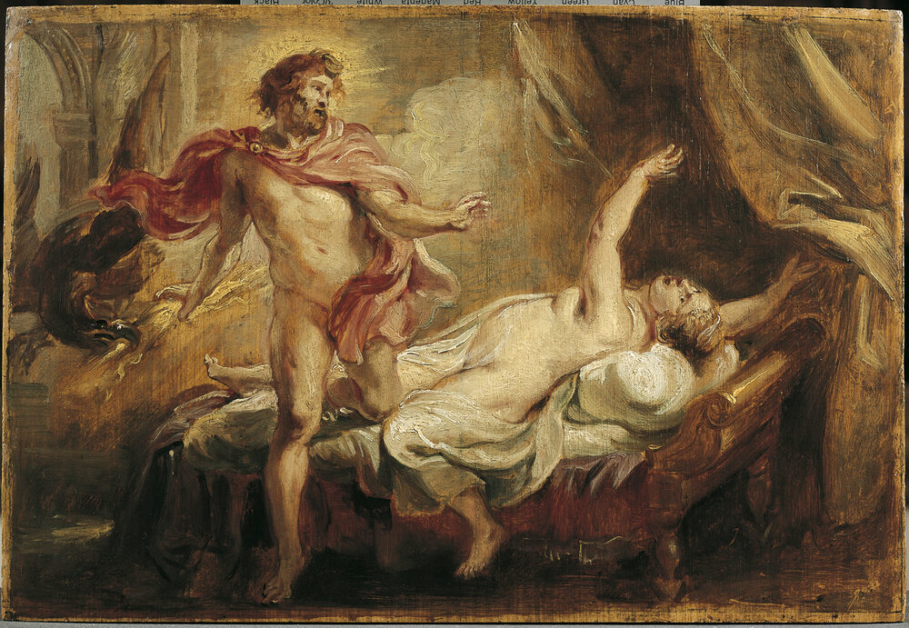 The death of Semele, consumed by the divine radiance of Jupiter; oil sketch by Peter Paul Rubens, ca. 1636.