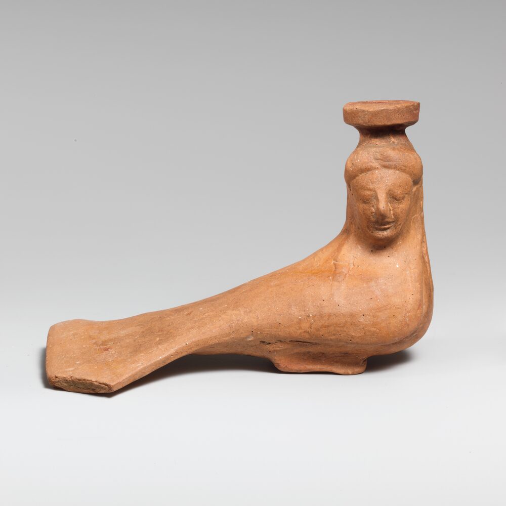 Terracotta vase in the form of a siren, with a bird's body and a woman's head; Greek, Archaic period.