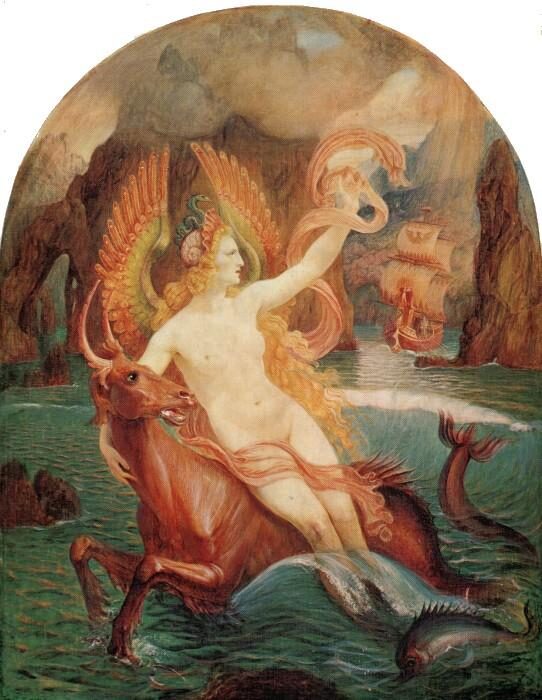A winged siren rides a sea-bull as a ship passes; oil painting 'The Siren' by Armand Point, 1897.