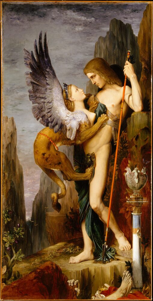 The winged Sphinx confronts Oedipus with her riddle outside Thebes; oil painting by Gustave Moreau, 1864.