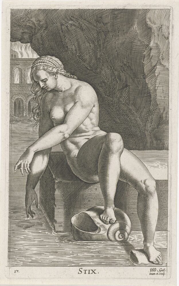 The river nymph Styx (labelled STIX) pouring water from a shell, engraving from a series of water nymphs, ca. 1587.