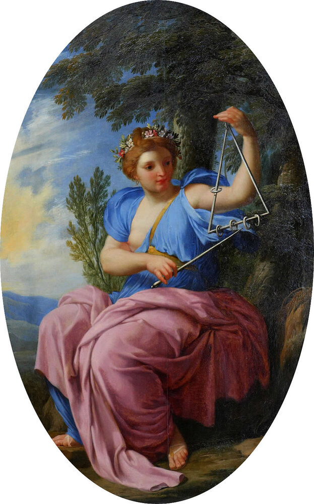Terpsichore, Muse of dance, seated in a landscape playing a lyre; oil painting by Eustache Le Sueur, ca. 1652.