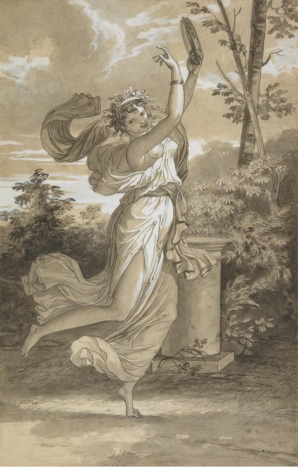 Terpsichore dancing with a tambourine; wash drawing by Charles Meynier, ca. 1800.