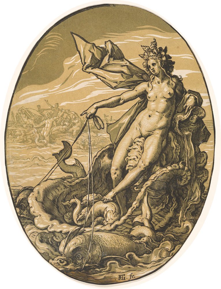 The sea-goddess Tethys astride sea creatures amid the waves; chiaroscuro woodcut by Hendrick Goltzius, 1588-1590.