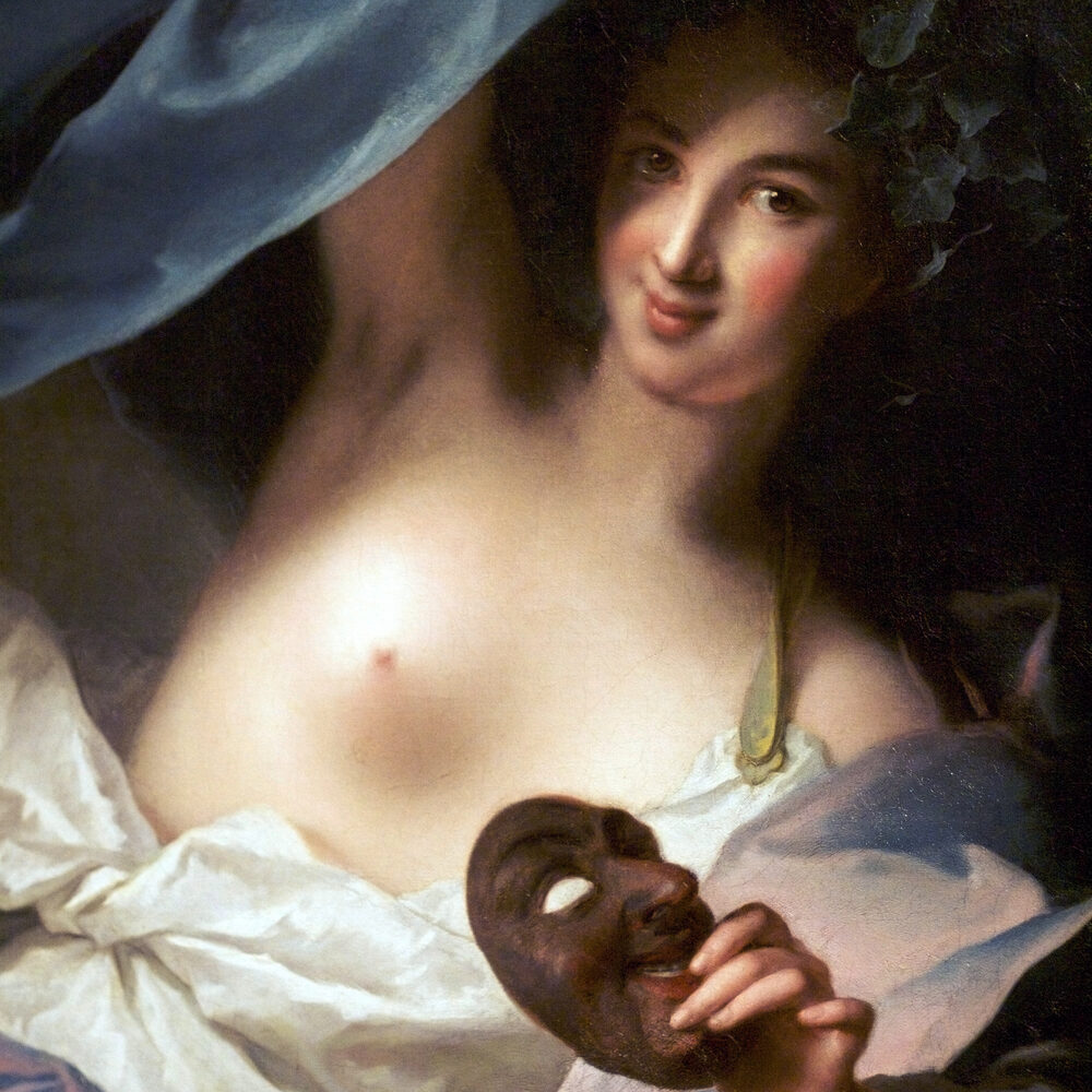 Thalia, Muse of comedy, smiling and holding a comic theatrical mask; oil painting by Jean-Marc Nattier, 1739.