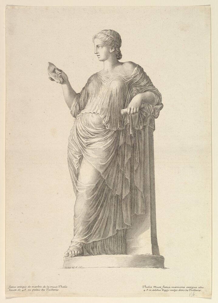 Thalia, Muse of comedy, holding a comic mask; engraving after an antique marble statue.