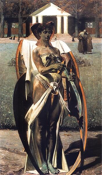 Thanatos, the winged personification of Death, sharpening a scythe before a country house; oil painting by Jacek Malczewski, 1898.