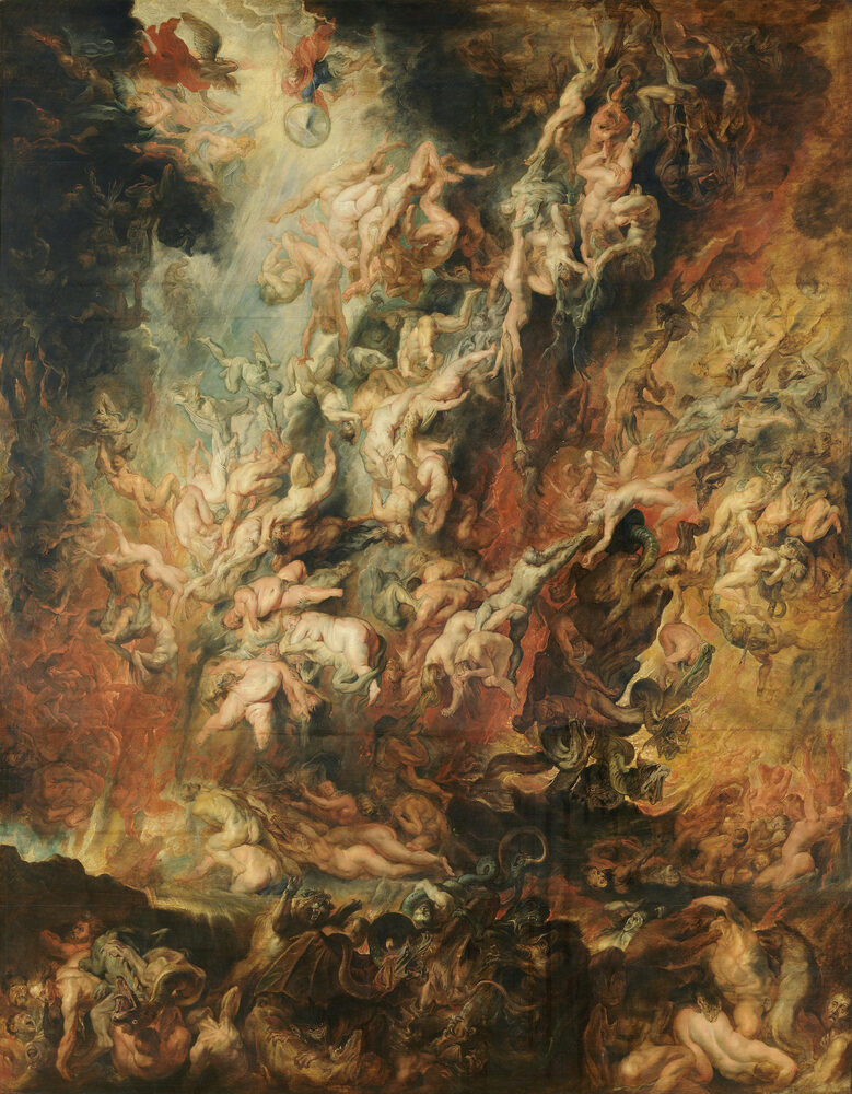 Oil painting of a great mass of condemned souls plunging into fiery Tartarus, Peter Paul Rubens, ca. 1620.