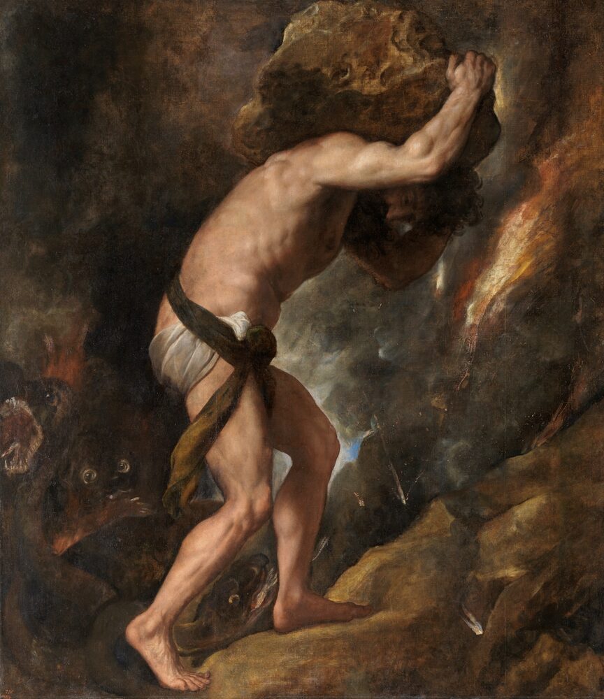Oil painting of the damned sinner Sisyphus straining beneath his boulder in the underworld, Titian, ca. 1548–49.