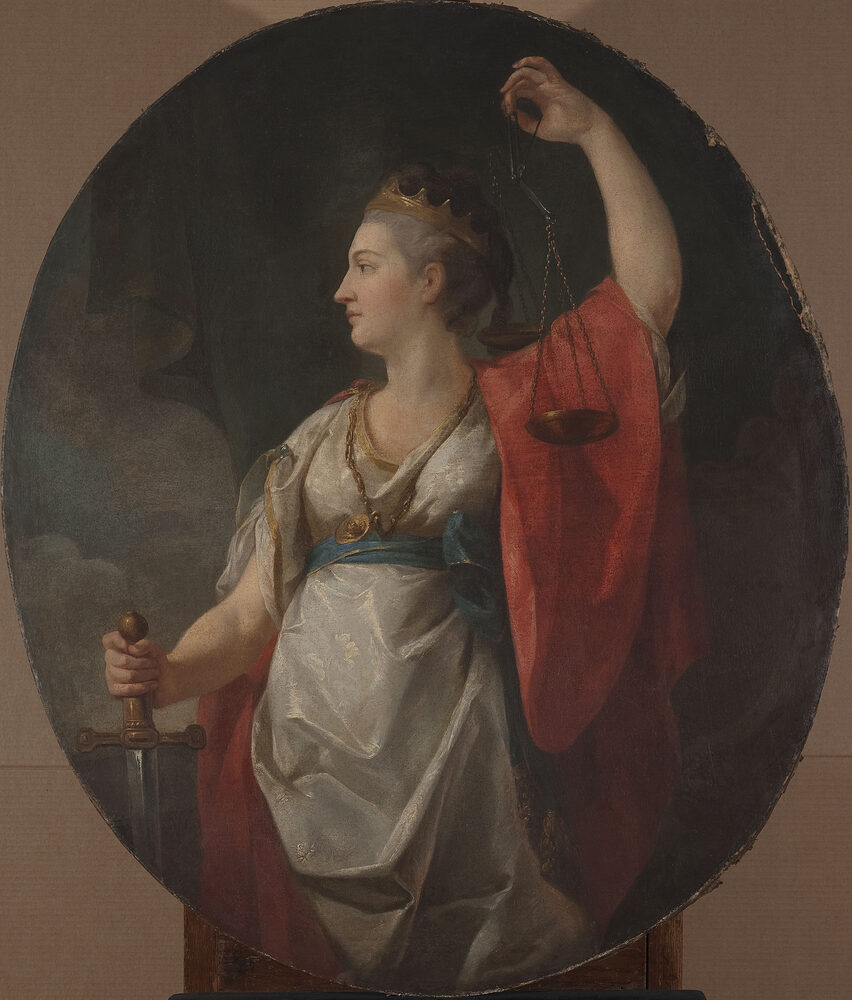 Painted allegory of Justice as Themis, crowned and holding the scales and a sword, Marcello Bacciarelli, late 18th century.