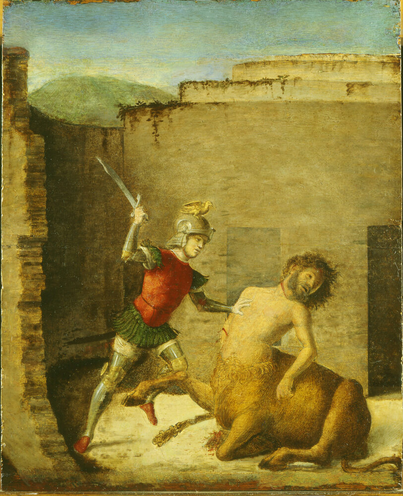Panel painting of the armored Theseus slaying the Minotaur within the labyrinth, Cima da Conegliano, ca. 1505.