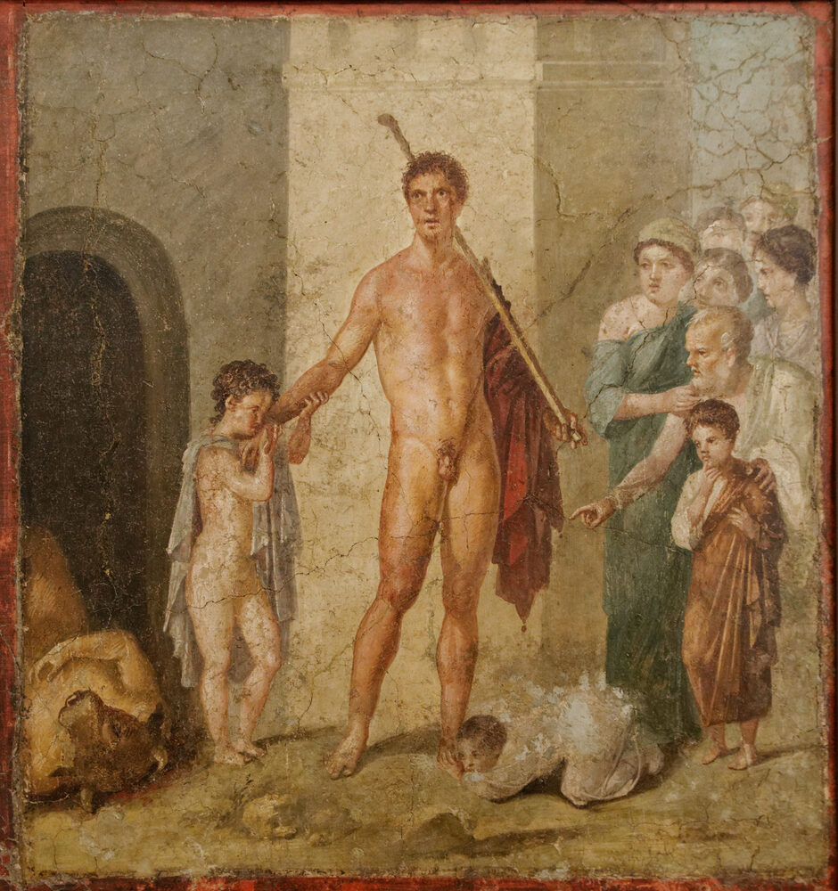Roman wall painting of Theseus standing over the slain Minotaur as Athenian youths give thanks, Herculaneum, 1st century CE.