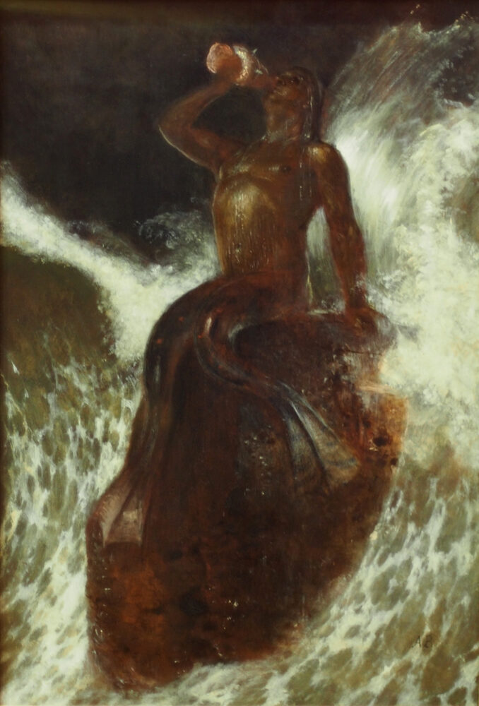 Oil painting of the sea-god Triton rising from the surf to blow his conch shell, Arnold Böcklin, 1879.