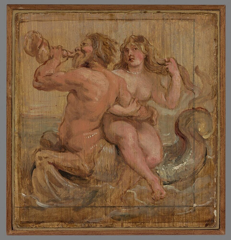 Oil sketch of the fish-tailed Triton blowing a conch and carrying a Nereid, Peter Paul Rubens, ca. 1636.