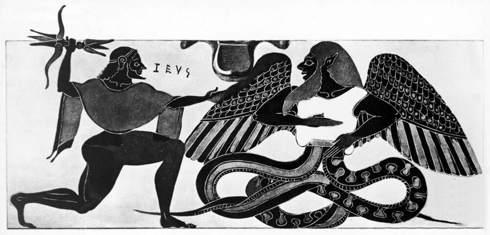 Engraving after an ancient vase showing Zeus hurling his thunderbolt at the winged, serpent-legged Typhon, published 1811.