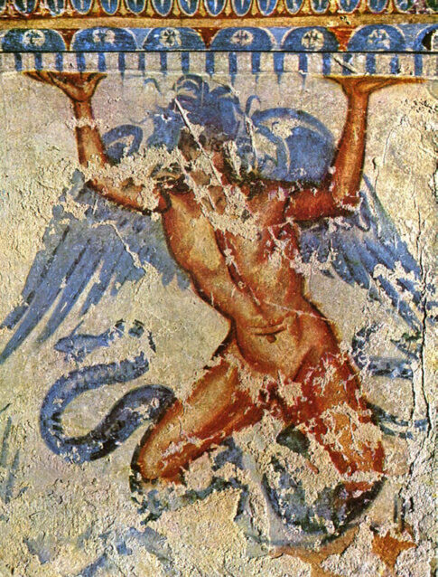 Etruscan tomb fresco of the winged, snake-legged monster Typhon (Typhoeus).