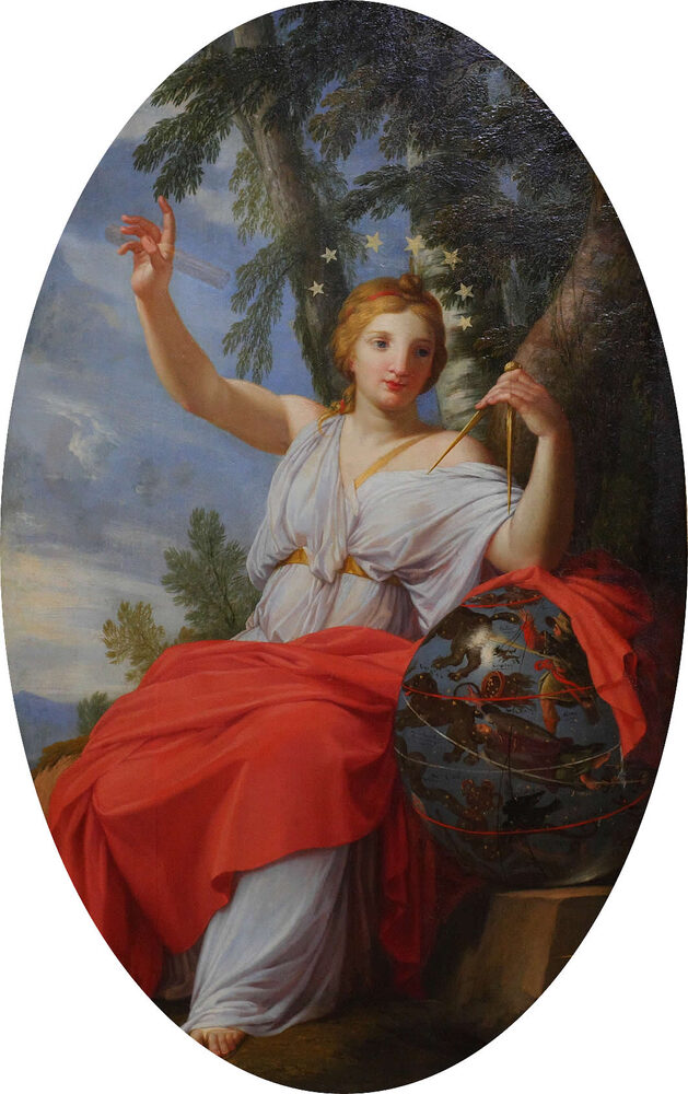 Painting of Urania, Muse of astronomy, with a celestial globe and compass beneath a ring of stars, Eustache Le Sueur, ca. 1646.