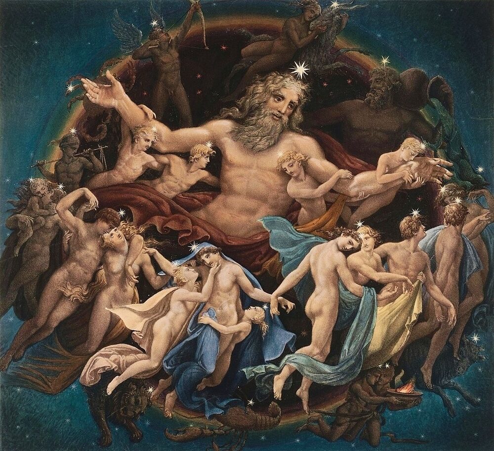 Painting of the sky-god Uranus enthroned amid the wheeling dance of the stars, Karl Friedrich Schinkel, 1834.