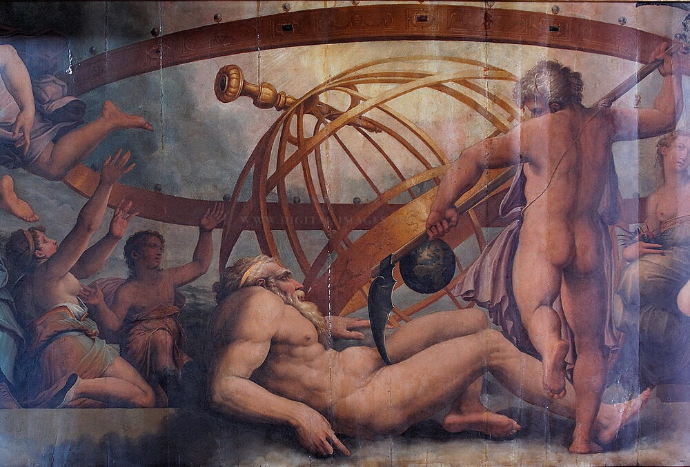 Painting of the castration of the sky-god Uranus by Saturn before a great celestial sphere, Giorgio Vasari, 16th century.