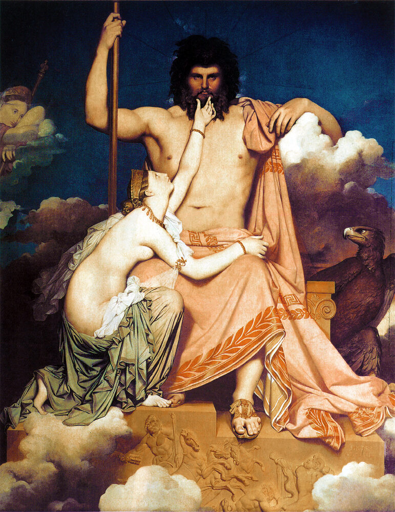 Oil painting of Zeus enthroned on Olympus with scepter and eagle as Thetis pleads at his knee, J.-A.-D. Ingres, 1811.